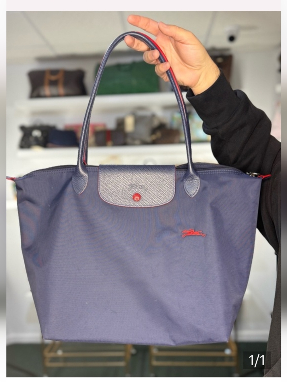 Longchamp Navy Blue Tote with Red Accents